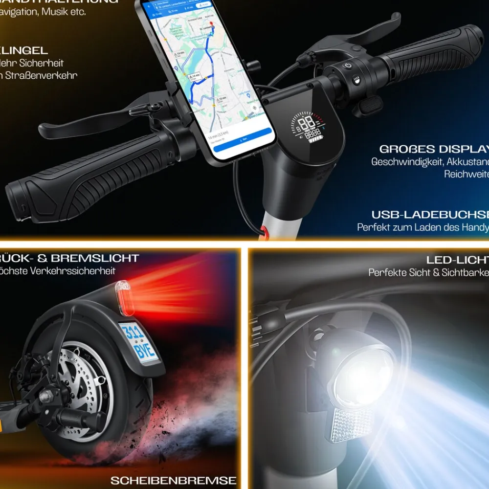 ® E-Scooter mit Straßenzulassung 40km Reichweite Faltbarer Elektro 36V / 10 Ah Batterie Roller Belastung bis 120kg 450W Motor 10" Reifen LCD-Display und universelle Smartphonehalterung ^ KESSER Outlet