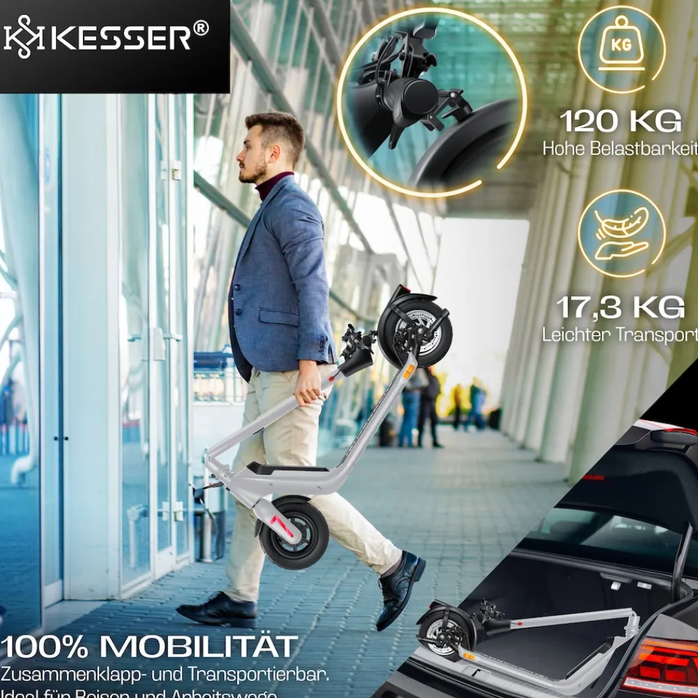 ® E-Scooter mit Straßenzulassung 40km Reichweite Faltbarer Elektro 36V / 10 Ah Batterie Roller Belastung bis 120kg 450W Motor 10" Reifen LCD-Display und universelle Smartphonehalterung ^ KESSER Outlet