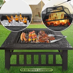 KESSER ® Feuerstelle mit Grillrost & Grillzange Feuerschale 82x82x50cm, 3in1 Multifunktional Fire Pit für Heizung/BBQ Grill, Garten Terrasse , Metall Feuerkorb mit Schutzhülle Schürhaken Funkenschutz Schwarz (Vierkant) Sale