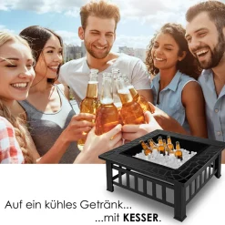 KESSER ® Feuerstelle mit Grillrost & Grillzange Feuerschale 82x82x50cm, 3in1 Multifunktional Fire Pit für Heizung/BBQ Grill, Garten Terrasse , Metall Feuerkorb mit Schutzhülle Schürhaken Funkenschutz Schwarz (Vierkant) Sale