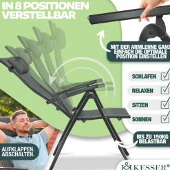 KESSER ® Gartenstuhl Hochlehner mit Armlehnen | Aluminium Klappstuhl inkl. Kopfkissen Campingstuhl 7-Fach Verstellbar Rückenlehne | Atmungsaktiv & Wetterfest | Klappbar & Anti-Rutsch Beige New