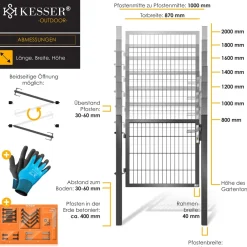 ® Gartentor Premium Gartentür aus Metall verzinktem Stahl, Gartentür für Stabmattenzau Zauntor, Hoftor, inkl. Pfosten mit Schloss Türklinke und Schlüssel ^ KESSER Clearance