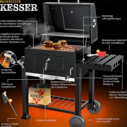 KESSER ® Grill Grillwagen Holzkohlegrill mit Deckel, Rädern, Edelstahl-Griff, Grillrost und Thermometer Holzkohle kohlegrill Wagen groß Kohle BBQ Barbeque Camping, Terrasse, Garten Schwarz Sale