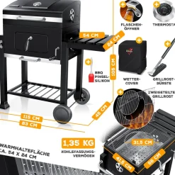 KESSER ® Grill Grillwagen Holzkohlegrill mit Deckel, Rädern, Edelstahl-Griff, Grillrost und Thermometer Holzkohle kohlegrill Wagen groß Kohle BBQ Barbeque Camping, Terrasse, Garten Schwarz Sale