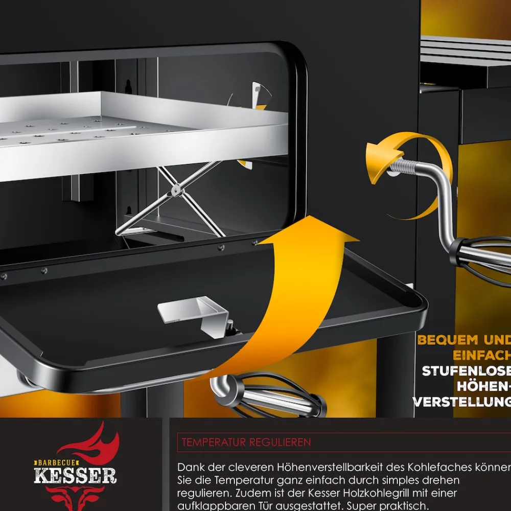 KESSER ® Grill Grillwagen Holzkohlegrill mit Deckel, Rädern, Edelstahl-Griff, Grillrost und Thermometer Holzkohle kohlegrill Wagen groß Kohle BBQ Barbeque Camping, Terrasse, Garten Schwarz Sale