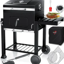 KESSER ® Grill Grillwagen Holzkohlegrill mit Deckel, Rädern, Edelstahl-Griff, Grillrost und Thermometer Holzkohle kohlegrill Wagen groß Kohle BBQ Barbeque Camping, Terrasse, Garten Schwarz Sale