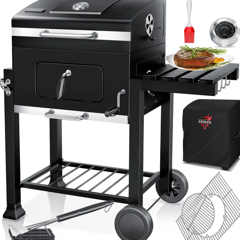 KESSER ® Grill Grillwagen Holzkohlegrill mit Deckel, Rädern, Edelstahl-Griff, Grillrost und Thermometer Holzkohle kohlegrill Wagen groß Kohle BBQ Barbeque Camping, Terrasse, Garten Schwarz Sale