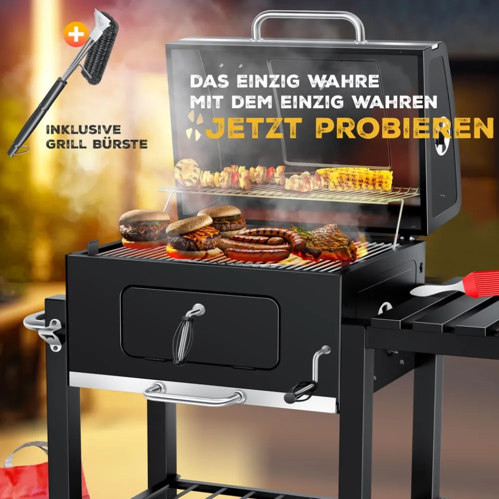 KESSER ® Grill Grillwagen Holzkohlegrill mit Deckel, Rädern, Edelstahl-Griff, Grillrost und Thermometer Holzkohle kohlegrill Wagen groß Kohle BBQ Barbeque Camping, Terrasse, Garten Schwarz Sale