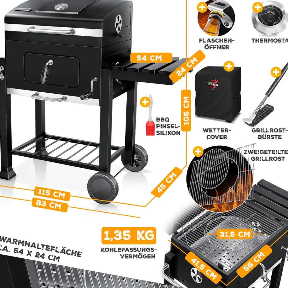 KESSER ® Grill Grillwagen Holzkohlegrill mit Deckel, Rädern, Edelstahl-Griff, Grillrost und Thermometer Holzkohle kohlegrill Wagen groß Kohle BBQ Barbeque Camping, Terrasse, Garten Schwarz Sale