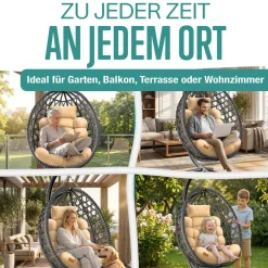 KESSER ® Hängesessel mit Gestell Outdoor Indoor Schaukelstuhl Polyrattan 360° 150kg Tragkraft inkl. Polsterkissen & 2in1 Deckenhalterung + Cover – Relaxschaukel - Garten, Balkon, Terrasse (Produkt aktuell ausverkauft) Beige / Anthrazit Outlet