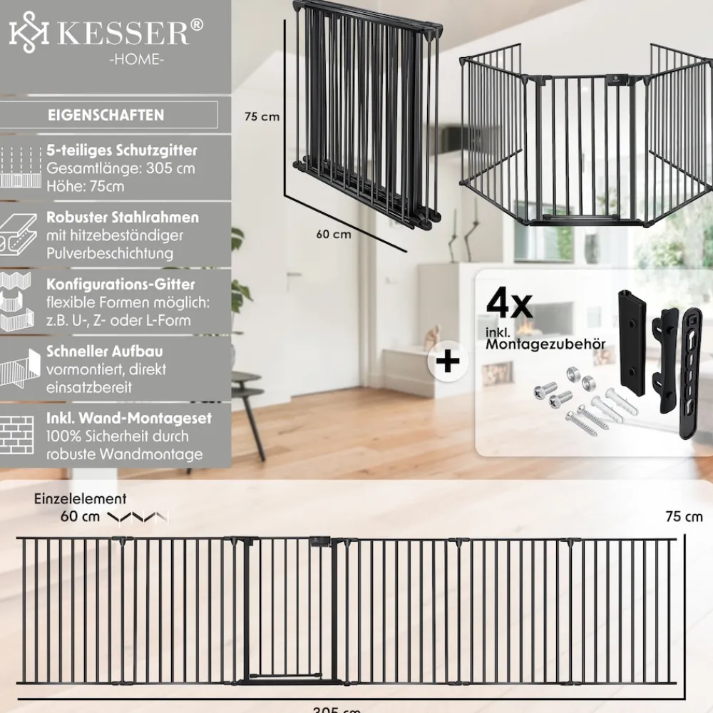 ® Kaminschutzgitter mit Tür Metall Ofenschutzgitter Laufgitter Laufstall Absperrgitter Tierschutzgitter Türschutzgitter für Kinder-Sicherung ^ KESSER Clearance