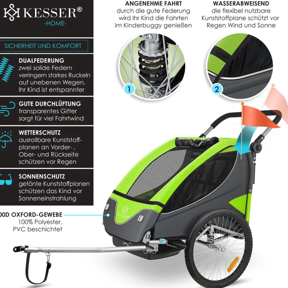 KESSER ® Kinderanhänger Fahrradanhänger 360° Drehbar mit Federung 2in1 Joggerfunktion Kinderfahrradanhänger + 5-Punkt Gurt Jogger Fahrrad Anhänger für 1 bis 2 Kinder max. 40kg Rot Sale