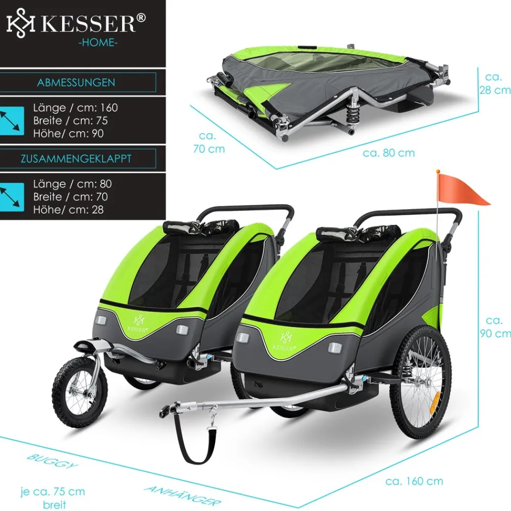 KESSER ® Kinderanhänger Fahrradanhänger 360° Drehbar mit Federung 2in1 Joggerfunktion Kinderfahrradanhänger + 5-Punkt Gurt Jogger Fahrrad Anhänger für 1 bis 2 Kinder max. 40kg Rot Sale