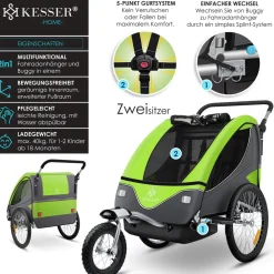 KESSER ® Kinderanhänger Fahrradanhänger 360° Drehbar mit Federung 2in1 Joggerfunktion Kinderfahrradanhänger + 5-Punkt Gurt Jogger Fahrrad Anhänger für 1 bis 2 Kinder max. 40kg Rot Sale