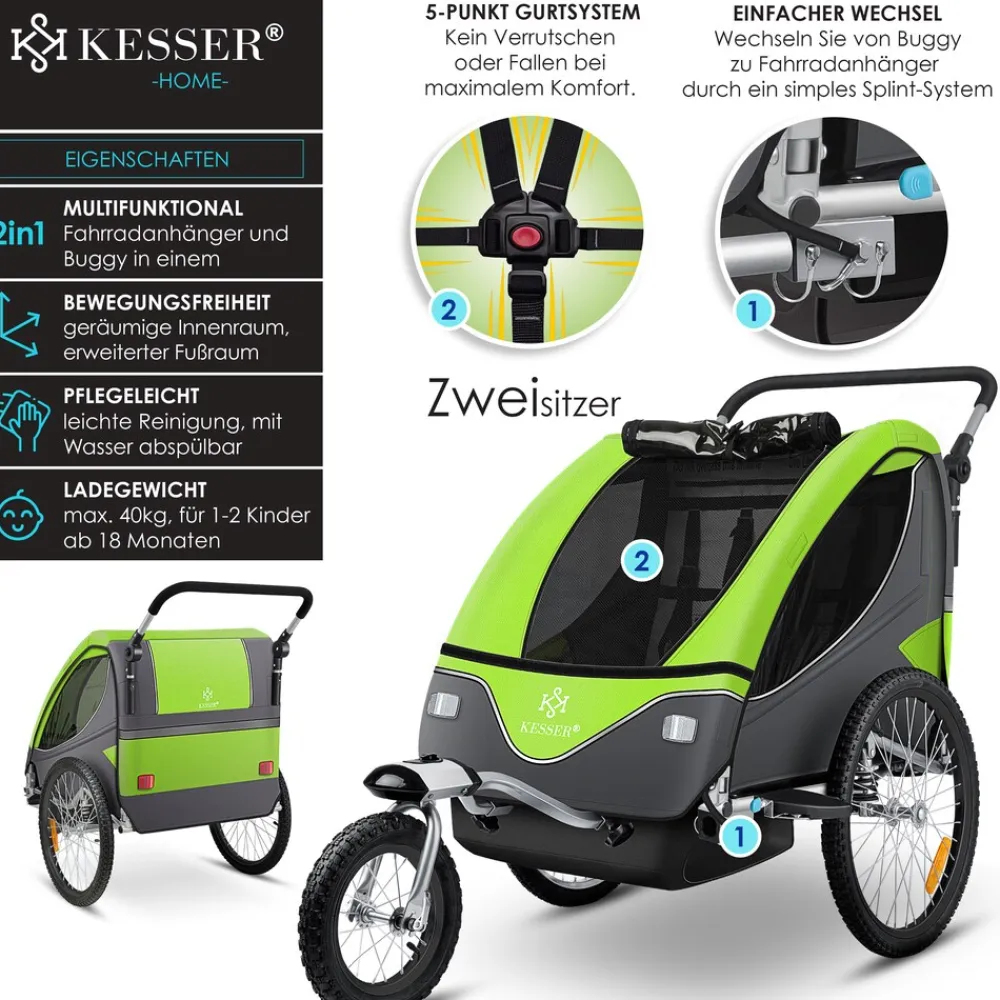 KESSER ® Kinderanhänger Fahrradanhänger 360° Drehbar mit Federung 2in1 Joggerfunktion Kinderfahrradanhänger + 5-Punkt Gurt Jogger Fahrrad Anhänger für 1 bis 2 Kinder max. 40kg Rot Sale
