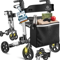 KESSER ® Leichtgewicht Rollator faltbar mit Sitz, Griff, Tasche, schmal für Senioren Wohnung, Klappbar, Höhenverstellbar, Reflektoren | All Gelände Reifen Indoor-& Outdoor, Gehhilfe, Laufhilfe Rollator Black Sale