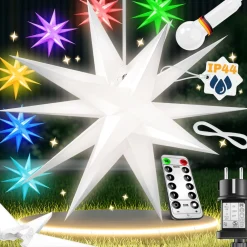 ® Leuchtstern 3D, LED Weihnachtsstern mit Timer für innen und außen, Adventsstern Beleuchtet hängend Stern + Warmweiß Licht ^ KESSER Best