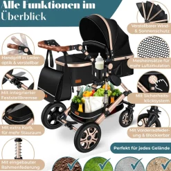 KESSER ® Loops Kinderwagen 4 in 1 Kombikinderwagen Komplett-Set auch als Buggy für Kinder bis 4 Jahre inkl. Babywanne, Babyschale + Fußsack, Korb, Wickeltasche, Regen- & Insektenschutz & Flaschenhalter Asphalt Grau / Silber Outlet