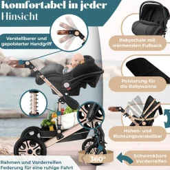 KESSER ® Loops Kinderwagen 4 in 1 Kombikinderwagen Komplett-Set auch als Buggy für Kinder bis 4 Jahre inkl. Babywanne, Babyschale + Fußsack, Korb, Wickeltasche, Regen- & Insektenschutz & Flaschenhalter Asphalt Grau / Silber Outlet