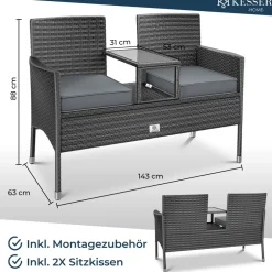 ® Polyrattan Gartenbank 2-Sitzer Bank mit integriertem inkl. Tisch & Kissen - 133 × 55 × 84 cm - Rattan Sitzbank Garten Balkon Gartensofa wetterfest Sitzgruppe Ultra Stabile ^ KESSER Discount