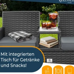 ® Polyrattan Gartenbank 2-Sitzer Bank mit integriertem inkl. Tisch & Kissen - 133 × 55 × 84 cm - Rattan Sitzbank Garten Balkon Gartensofa wetterfest Sitzgruppe Ultra Stabile ^ KESSER Discount