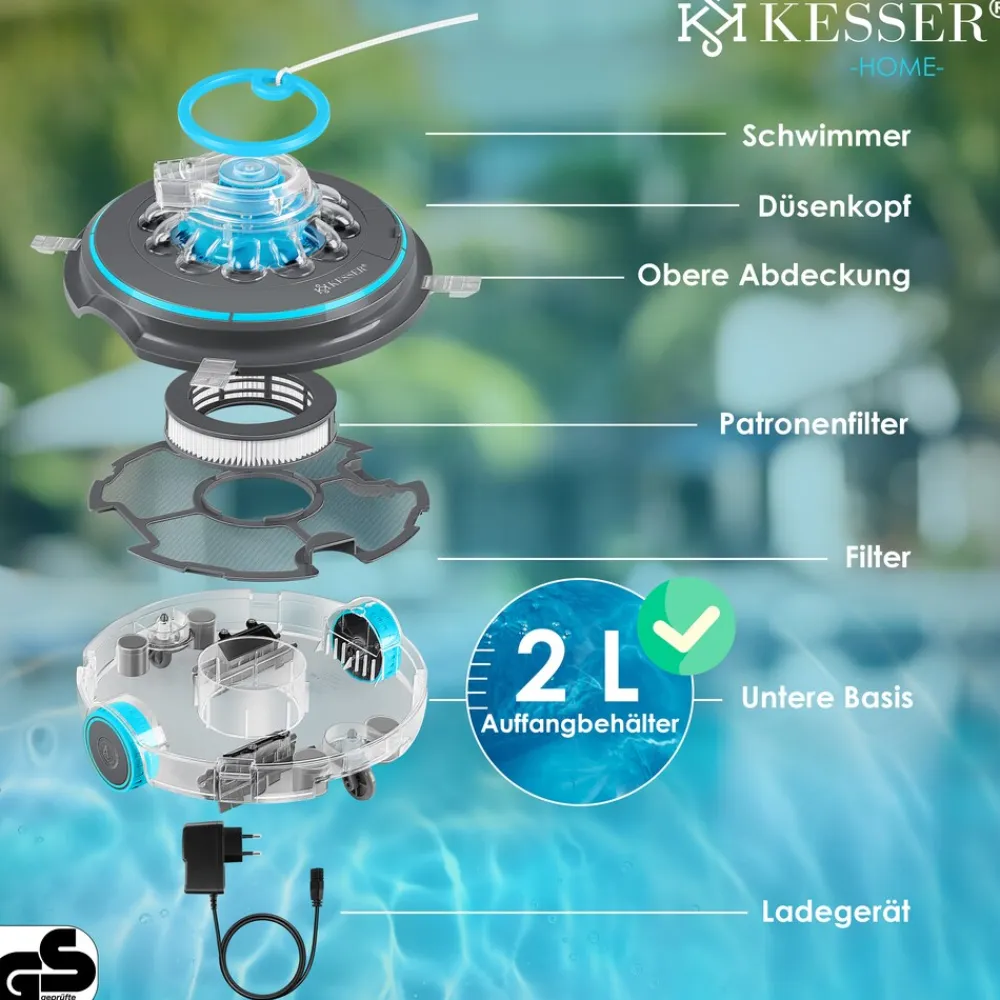® Poolroboter Poolreiniger Akku Aqua-9000 inkl. Transporttasche Pool Roboter für bis 80m² Pools, Li-Ion Akku max. 75 min, Kabellos Poolsauger Bodenreinigung Vollautomatisch Bodensauger ^ KESSER Discount