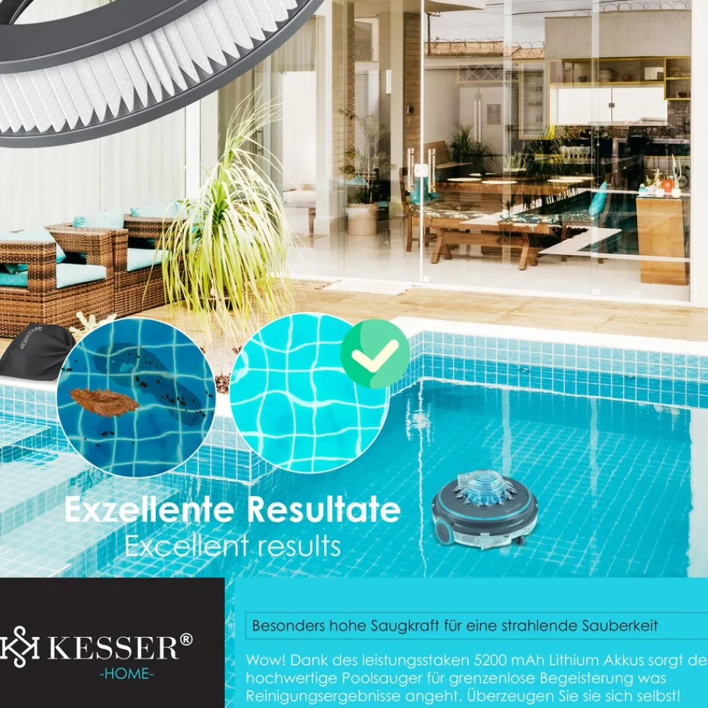 ® Poolroboter Poolreiniger Akku Aqua-9000 inkl. Transporttasche Pool Roboter für bis 80m² Pools, Li-Ion Akku max. 75 min, Kabellos Poolsauger Bodenreinigung Vollautomatisch Bodensauger ^ KESSER Discount