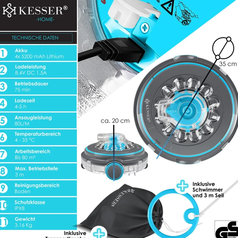 ® Poolroboter Poolreiniger Akku Aqua-9000 inkl. Transporttasche Pool Roboter für bis 80m² Pools, Li-Ion Akku max. 75 min, Kabellos Poolsauger Bodenreinigung Vollautomatisch Bodensauger ^ KESSER Discount