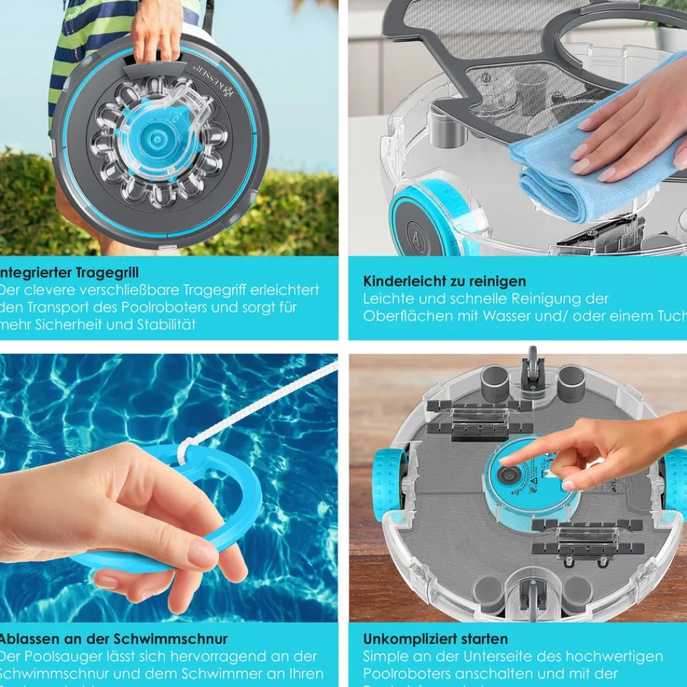 ® Poolroboter Poolreiniger Akku Aqua-9000 inkl. Transporttasche Pool Roboter für bis 80m² Pools, Li-Ion Akku max. 75 min, Kabellos Poolsauger Bodenreinigung Vollautomatisch Bodensauger ^ KESSER Discount