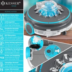 ® Poolroboter Poolreiniger Akku Aqua-9000 inkl. Transporttasche Pool Roboter für bis 80m² Pools, Li-Ion Akku max. 75 min, Kabellos Poolsauger Bodenreinigung Vollautomatisch Bodensauger ^ KESSER Discount