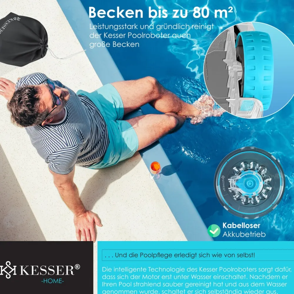 ® Poolroboter Poolreiniger Akku Aqua-9000 inkl. Transporttasche Pool Roboter für bis 80m² Pools, Li-Ion Akku max. 75 min, Kabellos Poolsauger Bodenreinigung Vollautomatisch Bodensauger ^ KESSER Discount