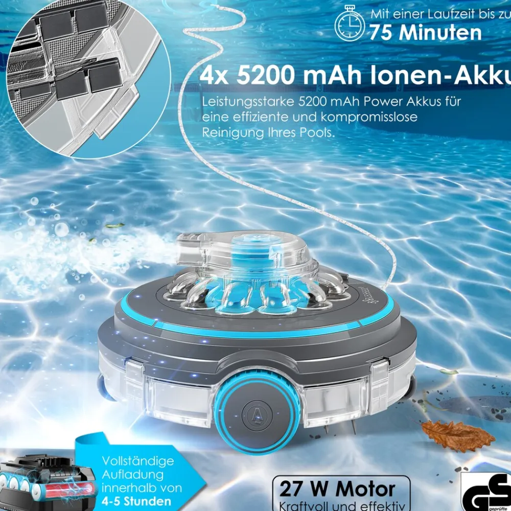 ® Poolroboter Poolreiniger Akku Aqua-9000 inkl. Transporttasche Pool Roboter für bis 80m² Pools, Li-Ion Akku max. 75 min, Kabellos Poolsauger Bodenreinigung Vollautomatisch Bodensauger ^ KESSER Discount