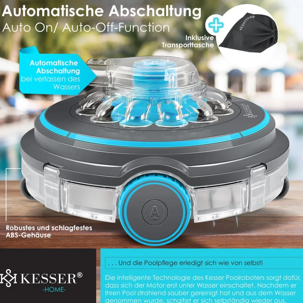 ® Poolroboter Poolreiniger Akku Aqua-9000 inkl. Transporttasche Pool Roboter für bis 80m² Pools, Li-Ion Akku max. 75 min, Kabellos Poolsauger Bodenreinigung Vollautomatisch Bodensauger ^ KESSER Discount