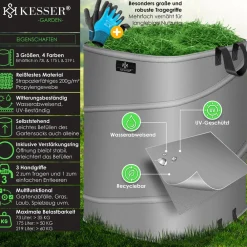 KESSER ® Pop-Up-Gartensack Laubsack Gartenabfallsack inkl. Handschuhe | Selbststehend mit Griffen Stabil Robust & Faltbar | Laubsäcke Rasenschnitt Gartensäcke für Gartenabfälle Grünschnitt Anthrazit / Schwarz Discount