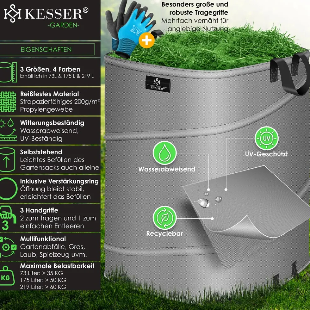 KESSER ® Pop-Up-Gartensack Laubsack Gartenabfallsack inkl. Handschuhe | Selbststehend mit Griffen Stabil Robust & Faltbar | Laubsäcke Rasenschnitt Gartensäcke für Gartenabfälle Grünschnitt Anthrazit / Schwarz Discount