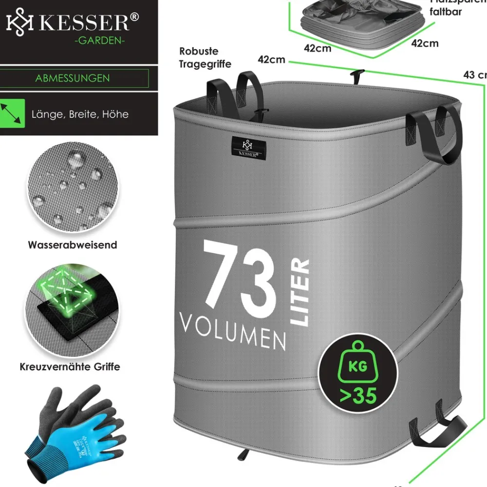 KESSER ® Pop-Up-Gartensack Laubsack Gartenabfallsack inkl. Handschuhe | Selbststehend mit Griffen Stabil Robust & Faltbar | Laubsäcke Rasenschnitt Gartensäcke für Gartenabfälle Grünschnitt Anthrazit / Schwarz Discount
