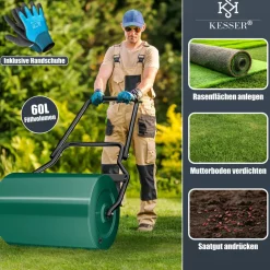 KESSER ® Rasenwalze Metall mit Handschuhen Handwalze Rasenroller Gartenwalze Ackerwalze Walze befüllbar mit Wasser oder Sand Anthrazit