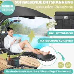 KESSER ® Schwebeliege mit Sonnenschirm, Hängeliege , Sonnenliege H200, L194, B100 cm, Relaxliege, Schaukelliege Hängematte , bis 120 kg belastbar , Schaukelliege, Auflagen - Nackenkissen Grün Clearance