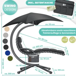 KESSER ® Schwebeliege mit Sonnenschirm, Hängeliege , Sonnenliege H200, L194, B100 cm, Relaxliege, Schaukelliege Hängematte , bis 120 kg belastbar , Schaukelliege, Auflagen - Nackenkissen Grün Clearance