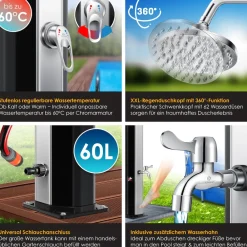 KESSER ® Solardusche 40- Solar Gartendusche | warmes Wasser | max. 60°C | Inkl. Metall-Duschablage & Schutzhaube | Pooldusche Camping| Regenduschkopf und Wasserhahn Gartenschlauch-Anschluss Schwarz Clearance