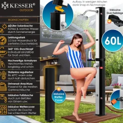 KESSER ® Solardusche 40- Solar Gartendusche | warmes Wasser |  max. 60°C | Inkl. Metall-Duschablage & Schutzhaube | Pooldusche Camping| Regenduschkopf und Wasserhahn Gartenschlauch-Anschluss Schwarz Clearance