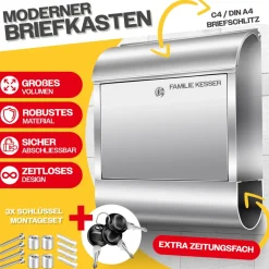 KESSER ® XXL Briefkasten Edelstahl mit Zeitungsfach , gebürstet , 3x Schlüssel abschließbar , Pulverbeschichtet , Wandmontage , groß Front-Einwurf: DIN C4 = DIN A4  , inkl. Montagematerial Schwarz Sale