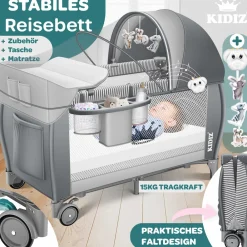 KIDIZ ® Babybett Reisebett Kinderreisebett Faltbar mit Matratze 120x60, Seiteneingang, Wickelauflage, Mosktionetz, Spielbogen & Tragetasche Baby Beistellbett Kinderbett ab Geburt bis 15 kg Blau Hot