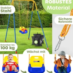 ® Babyschaukel mit Gestell 3in1 Kinderschaukel mitwachsend für Babys ab 6 Monate & Kinder bis 10 Jahre für drinnen & draußen, bis 100kg belastbar, Schaukelgestell inkl. 4 Sandsäcke 5kg auffüllbar ^ KIDIZ