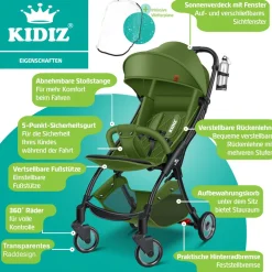 KIDIZ ® Kinderwagen Premium Kinderbuggy klappbar Liegebuggy Sportwagen Faltbar 360°Räder 5-Punkt Gurt Inkl. Getränkehalter & Regenabdeckung, verstellbare Rückenlehne & Sonnenverdeck Khaki / Schwarz Best