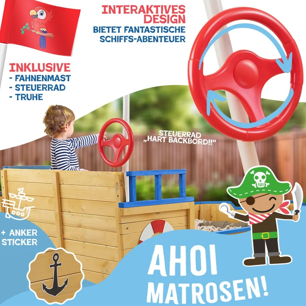 KIDIZ ® Sandkasten Ahoi - Piratenschiff Boot Segelschiff aus Holz Inkl. Abdeckung, Bodenplane, Sitzbank, Flaggenmast, Sandspielzeug | Große Kinder Sandkiste für den Garten | Outdoor Sandbox Blau Hot