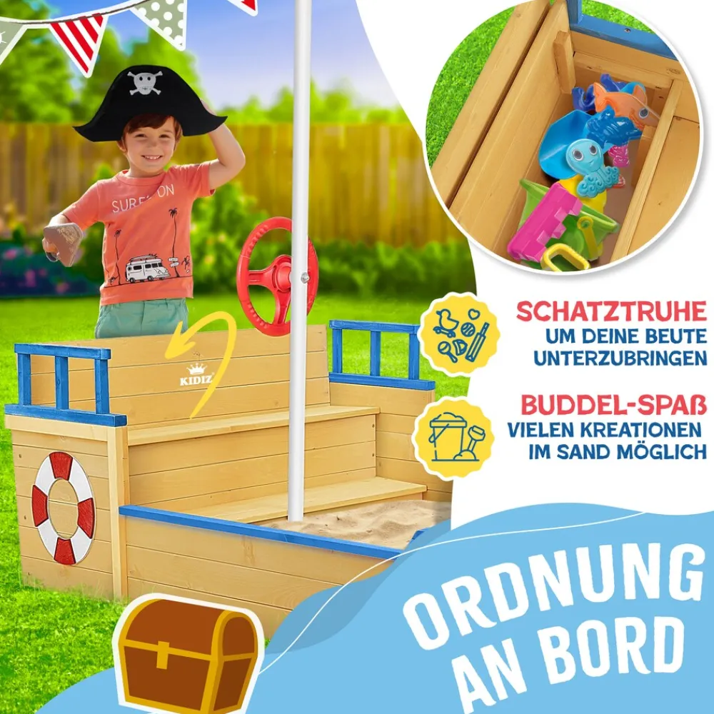 KIDIZ ® Sandkasten Ahoi - Piratenschiff Boot Segelschiff aus Holz Inkl. Abdeckung, Bodenplane, Sitzbank, Flaggenmast, Sandspielzeug | Große Kinder Sandkiste für den Garten | Outdoor Sandbox Blau Hot