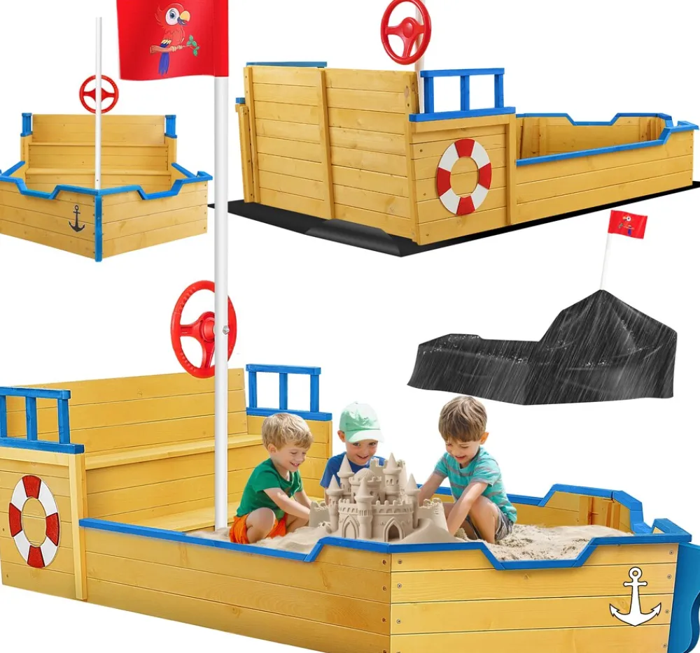 KIDIZ ® Sandkasten Ahoi - Piratenschiff Boot Segelschiff aus Holz Inkl. Abdeckung, Bodenplane, Sitzbank, Flaggenmast, Sandspielzeug | Große Kinder Sandkiste für den Garten | Outdoor Sandbox Blau Hot