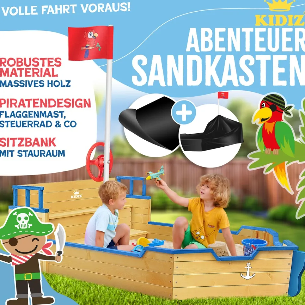 KIDIZ ® Sandkasten Ahoi - Piratenschiff Boot Segelschiff aus Holz Inkl. Abdeckung, Bodenplane, Sitzbank, Flaggenmast, Sandspielzeug | Große Kinder Sandkiste für den Garten | Outdoor Sandbox Blau Hot