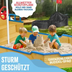 KIDIZ ® Sandkasten Ahoi - Piratenschiff Boot Segelschiff aus Holz Inkl. Abdeckung, Bodenplane, Sitzbank, Flaggenmast, Sandspielzeug | Große Kinder Sandkiste für den Garten | Outdoor Sandbox Blau Hot